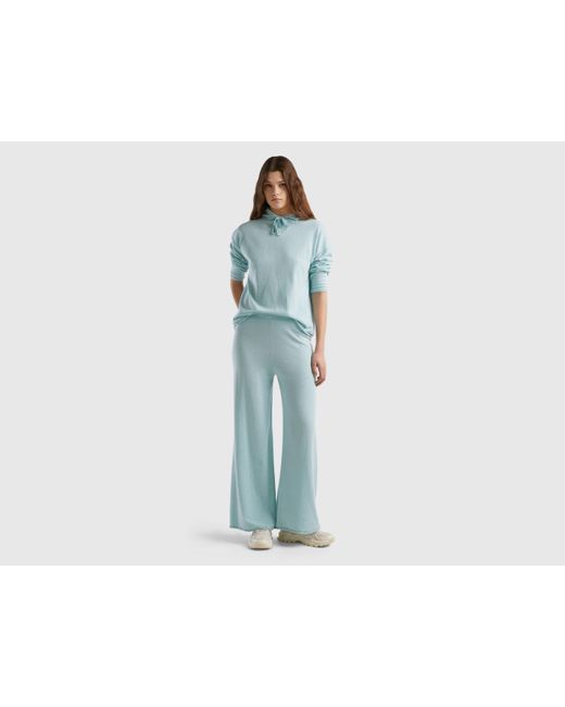 Benetton Blue Aqua Wide Leg Trousers In Cashmere And Wool Blend