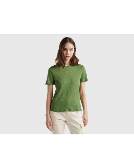 Benetton Green Crew Neck T-shirt In Pure Linen