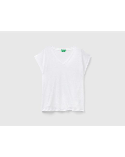 Benetton White V-neck T-shirt In Pure Linen