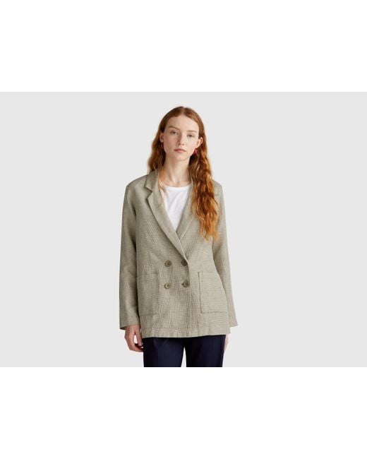 Benetton, Chaqueta Cruzada En Mezcla De Lino, Mujer Benetton de color Black