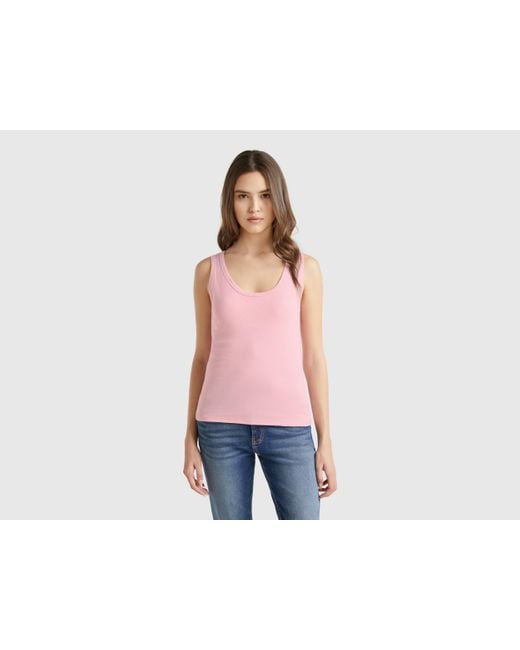 Benetton, Camiseta De Tirantes Rosa De Puro Algodón, Rosa, Mujer Benetton de color Blue