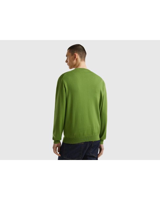 Benetton Green Crew Neck Sweater In 100% Cotton for men