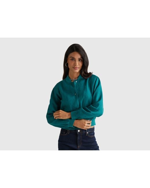 Benetton Blue Benetton, Bomberjacke Aus 100 Leinen, Größe, Dunkelgrün, Damen