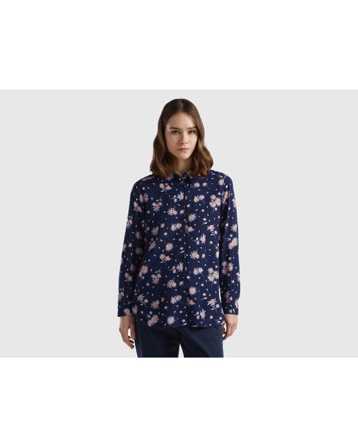 Benetton Blue Patterned Shirt In Sustainable Viscose