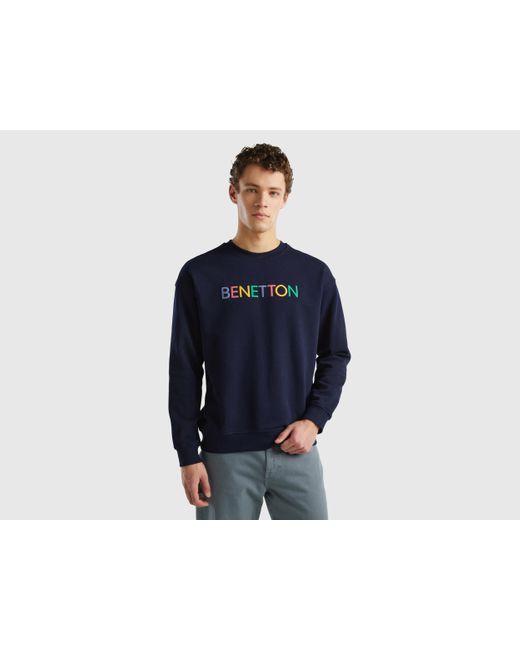 Benetton Blue Crew Neck Sweatshirt With Logo Print for men