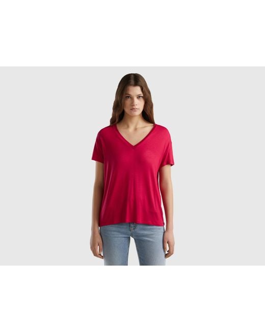 Benetton Red T-shirt In Sustainable Stretch Viscose