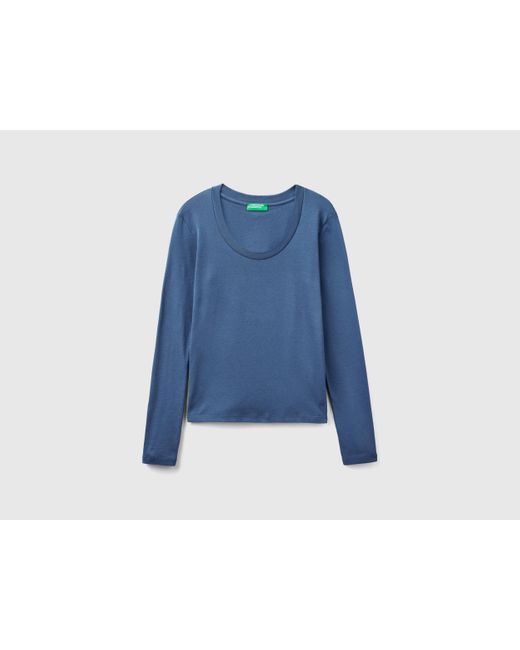 Benetton Blue Langärmeliges T-shirt Aus Reiner Baumwolle