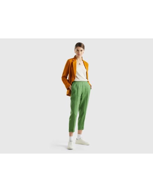 Benetton Green Cropped Trousers In 100% Linen