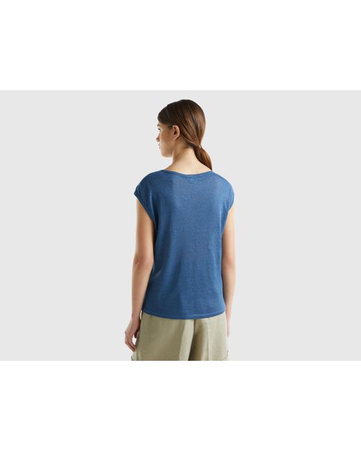 Benetton Blue Wide Neck T-shirt In Pure Linen