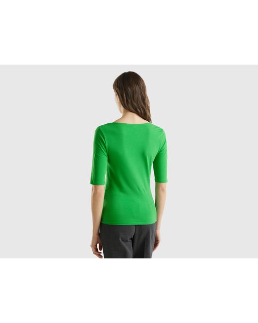 Benetton Green Eng Anliegendes T-shirt Aus Stretch-baumwolle