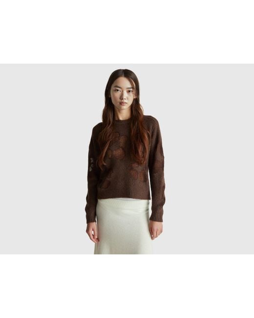 Benetton, Suéter Con Incrustaciones De Flores, Talla, Marrón, Mujer Benetton de color Black