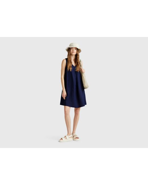Benetton Black Benetton, Ärmelloses Kleid Aus Reinem Leinen, Dunkelblau