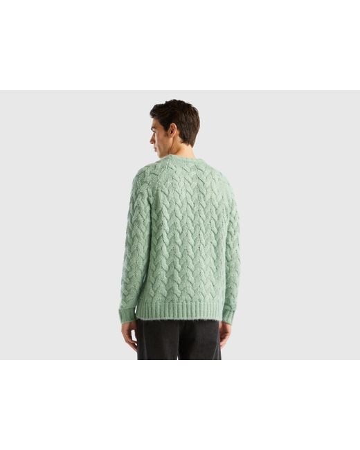 Benetton Green Mohair Blend Cable Knit Sweater for men