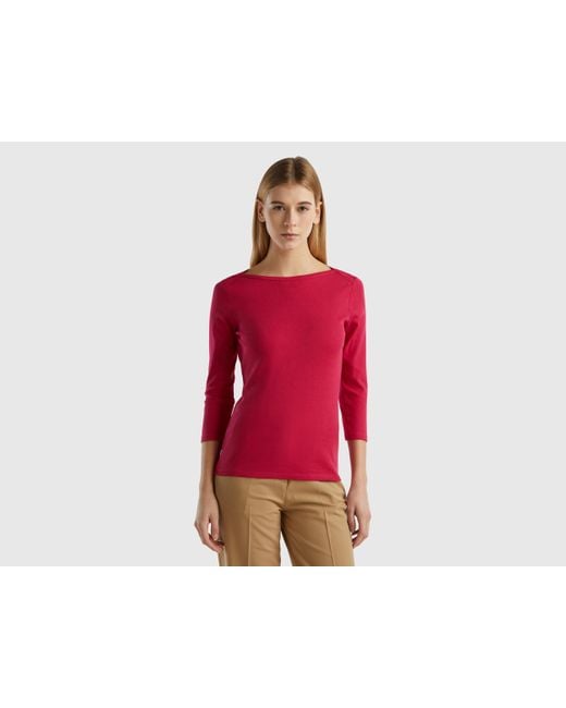Benetton Red T-shirt With Boat Neck In 100% Cotton