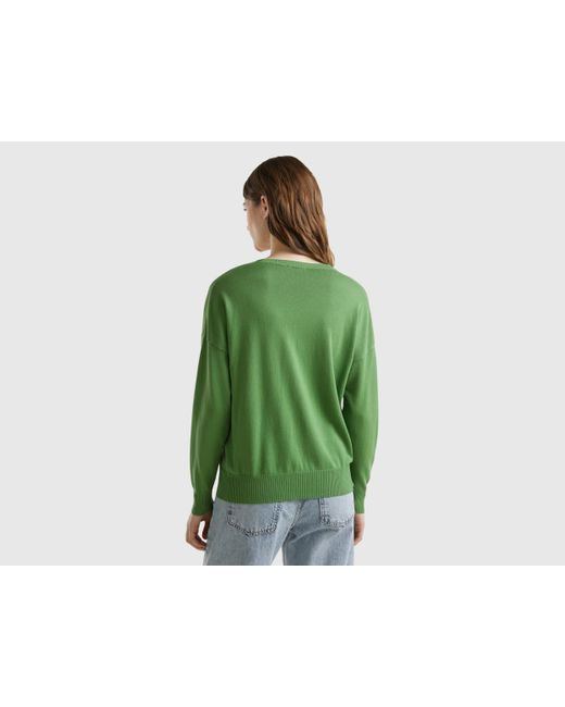Benetton Green V-neck Sweater In Modal® Blend