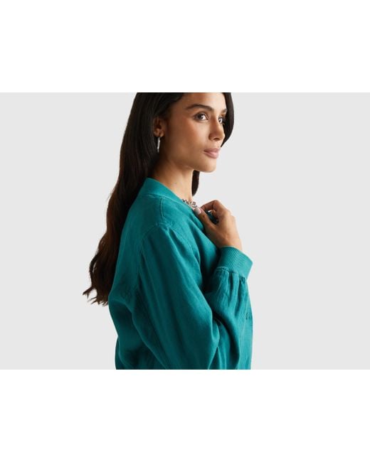 Benetton Blue Benetton, Bomberjacke Aus 100 Leinen, Größe, Dunkelgrün, Damen