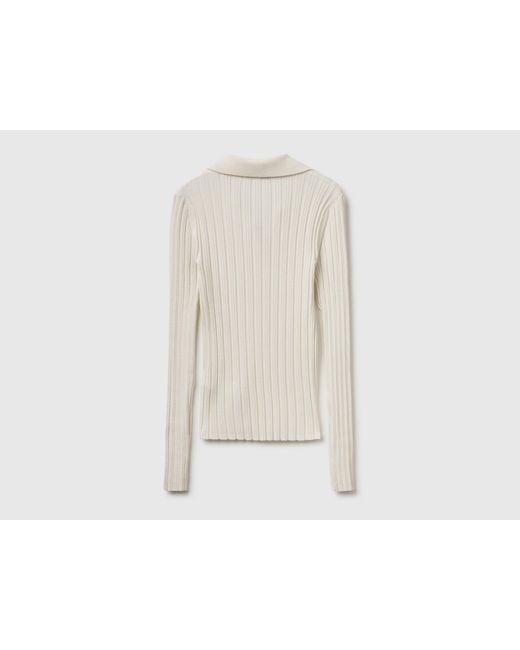 Benetton Black Benetton, Ribbed Sweater With Polo Collar