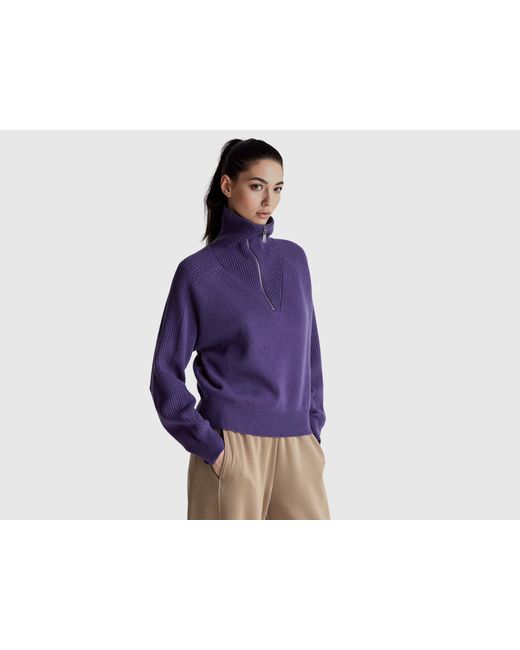 Benetton Purple Benetton, 100% Wool Half-Zip Sweater