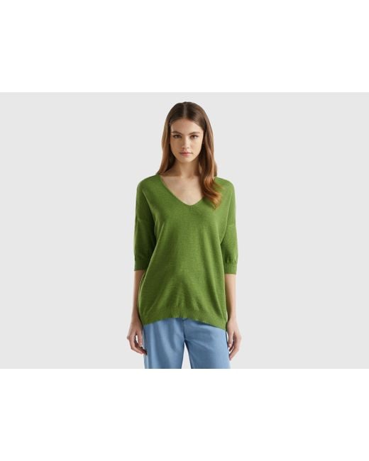 Benetton Green Sweater In Linen And Cotton Blend