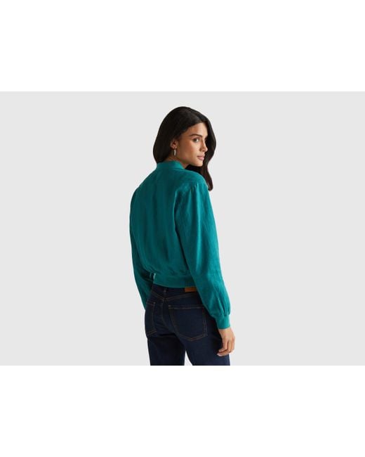 Benetton Blue Benetton, Bomberjacke Aus 100 Leinen, Größe, Dunkelgrün, Damen