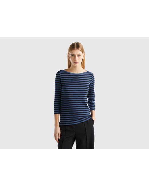 Benetton Blue Striped 3/4 Sleeve T-shirt In 100% Cotton