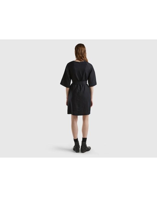 Benetton Black Short Dress In Pure Linen