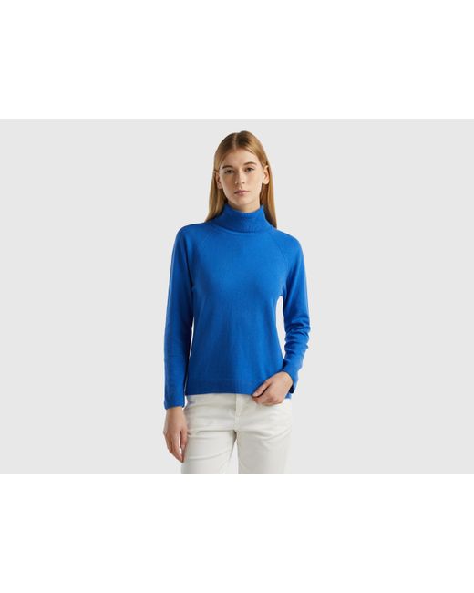 Benetton Blue Turtleneck Sweater In Cashmere And Wool Blend