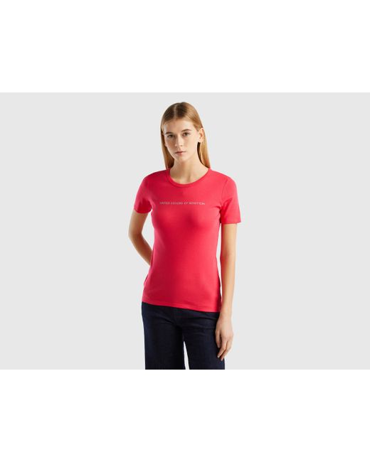 Benetton Red T-shirt In 100% Cotton With Glitter Print Logo