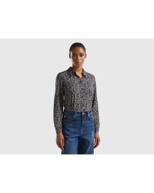 Benetton Black Patterned Shirt In Sustainable Viscose