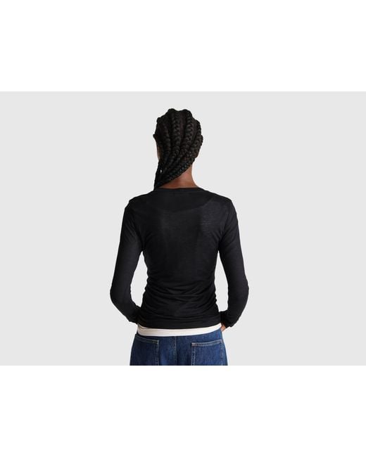 Benetton, Camiseta En Mezcla De Viscosa Y Cachemira, Talla, Negro, Mujer Benetton de color Black