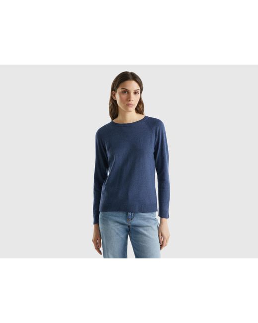 Benetton Air Force Blue Crew Neck Sweater In Cashmere And Wool Blend