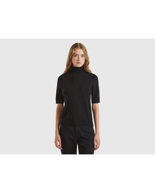 Benetton Black Short Sleeve Turtleneck In Cashmere Blend