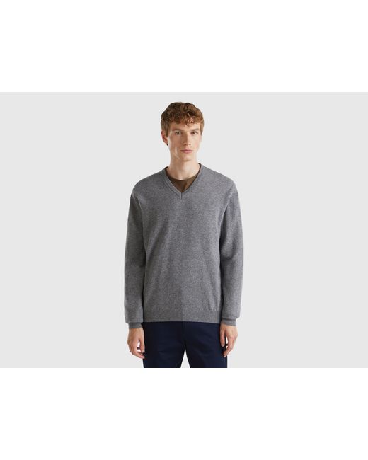 Benetton Gray Benetton, V-Neck Sweater for men