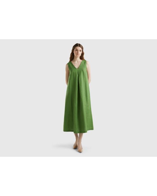 Benetton Green Ärmelloses Kleid Aus Reinem Leinen