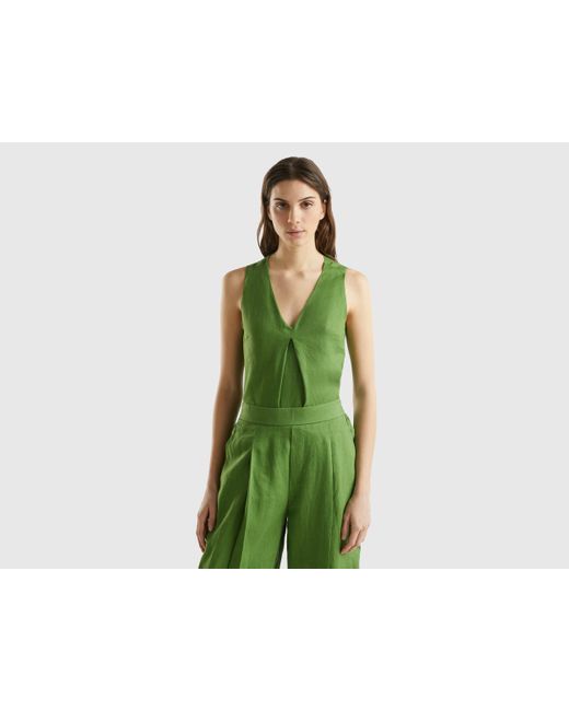 Benetton Green Sleeveless Blouse In Pure Linen