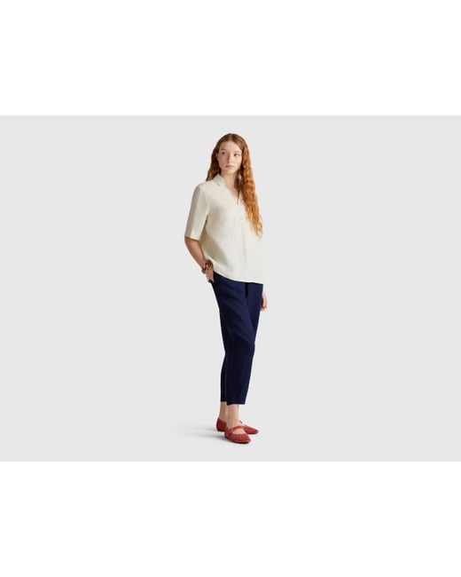 Benetton, Pantalon Doux Pur Lin, Bleu Foncé, Femme Benetton en coloris Black