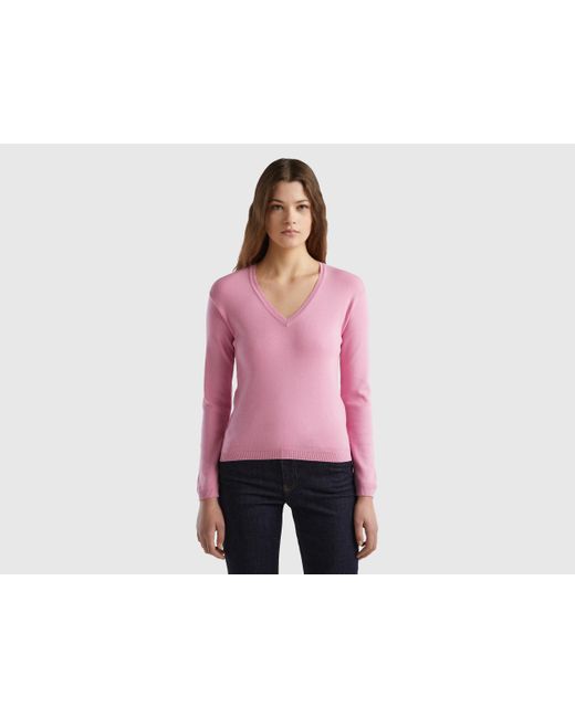 Benetton Red V-neck Sweater In Pure Cotton