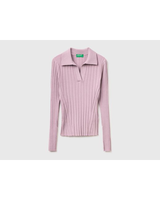 Benetton Pink Benetton, Ribbed Sweater With Polo Collar