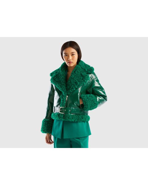 Benetton Green Biker Jacket In Imitation Leather And Faux Fur