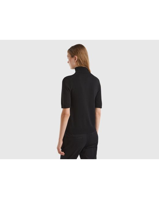 Benetton Black Short Sleeve Turtleneck In Cashmere Blend