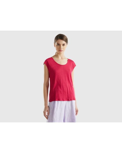 Benetton Red Wide Neck T-shirt In Pure Linen
