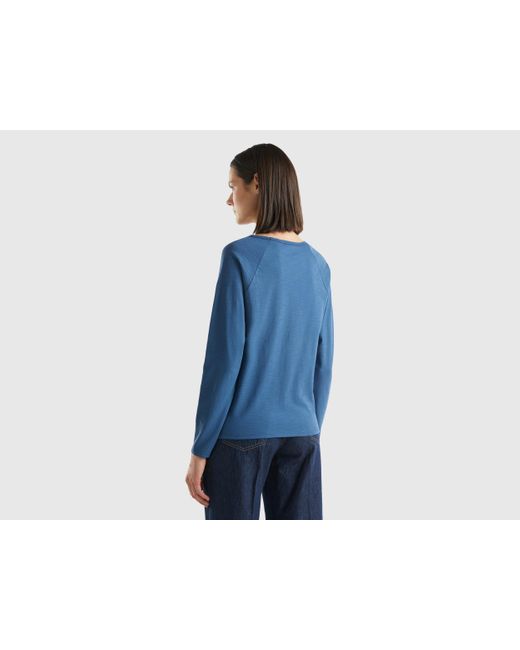 Benetton Blue Langärmeliges T-shirt Aus Leichter Baumwolle