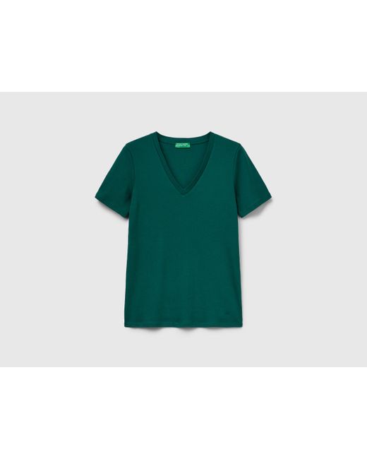 Benetton, T-Shirt Col V En Pur Coton, Taille, Vert Foncé, Femme Benetton en coloris Black