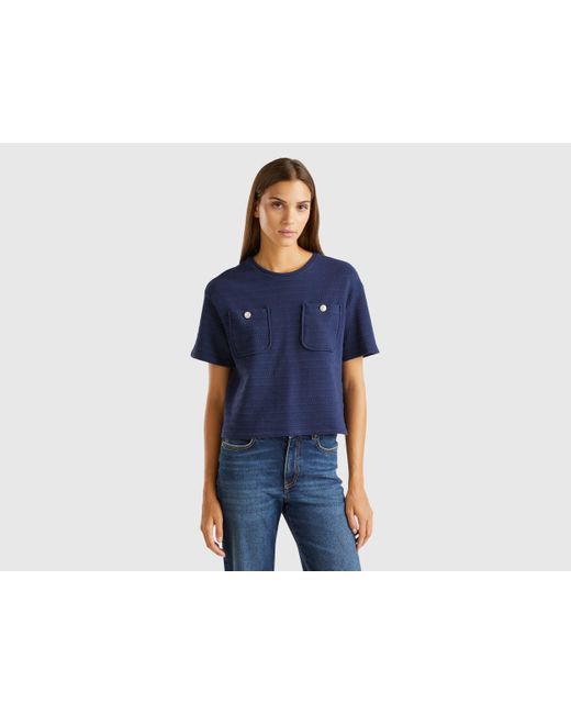 Benetton T Shirt A Col Rond Et Petites Poches Bleu Fonce Femme Benetton en coloris Bleu Lyst