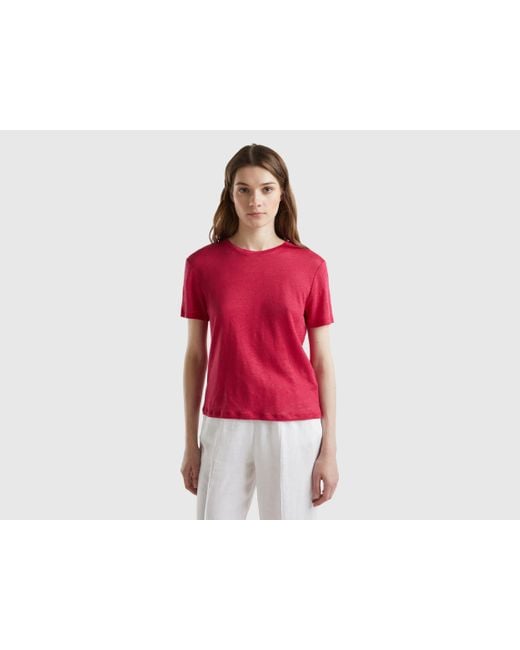 Benetton Red Crew Neck T-shirt In Pure Linen