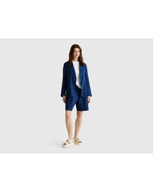 Benetton, Bermudas 100% Lino, Azul Grisáceo, Mujer Benetton de color Blue