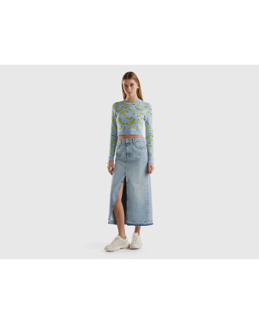 Benetton Light Blue Cropped Sweater With Banana Pattern