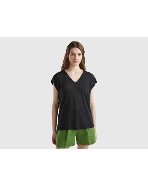Benetton Black V-neck T-shirt In Pure Linen