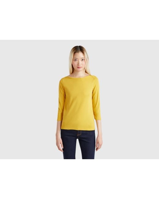 Benetton, Camiseta De 100 Algodón Con Escote Barco, Mostaza, Mujer Benetton de color Black