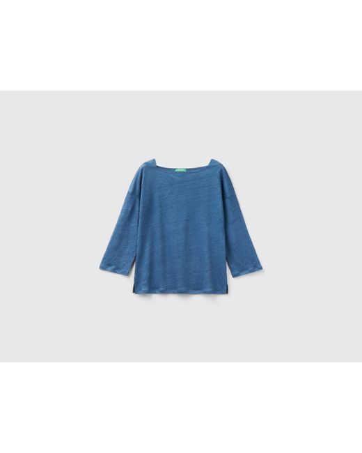 Benetton Blue 3/4 Sleeve T-shirt In Pure Linen
